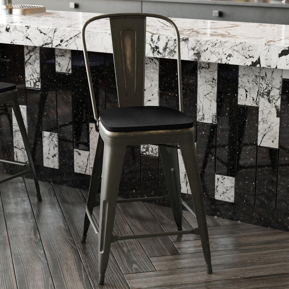 Carly Commercial Grade 24" High Copper Metal Indoor-Outdoor Counter Height Stool with Back with Black Poly Resin Wood Seat. Picture 8