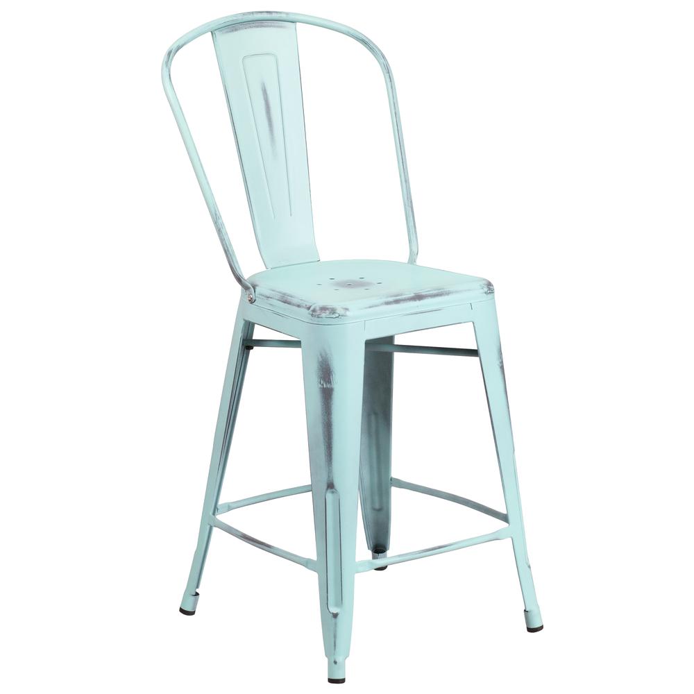 Commercial Grade 24" High Distressed Green-Blue Metal Indoor-Outdoor Counter Height Stool with Back. The main picture.