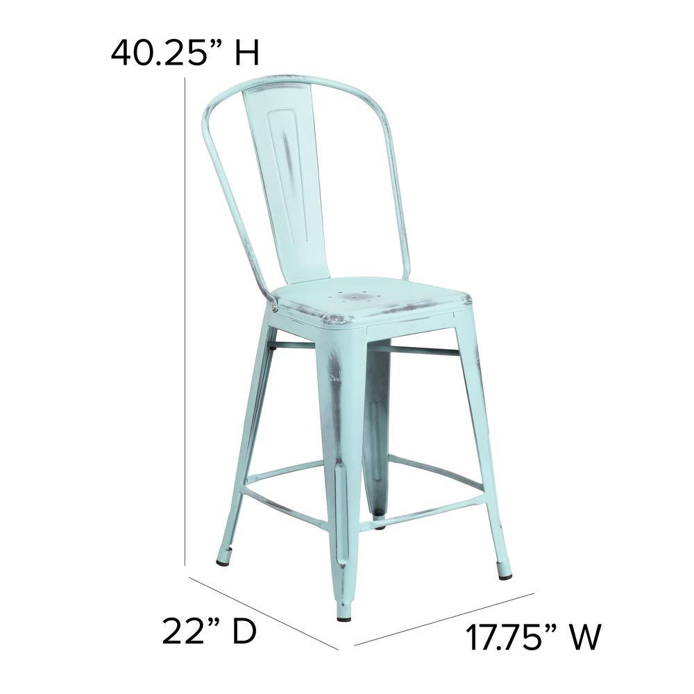 Commercial Grade 24" High Distressed Green-Blue Metal Indoor-Outdoor Counter Height Stool with Back. Picture 2
