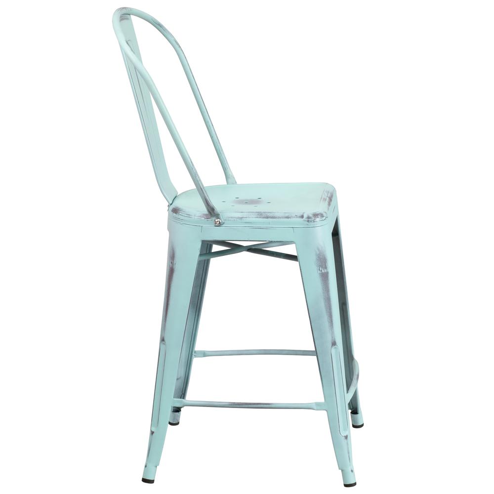 Commercial Grade 24" High Distressed Green-Blue Metal Indoor-Outdoor Counter Height Stool with Back. Picture 3