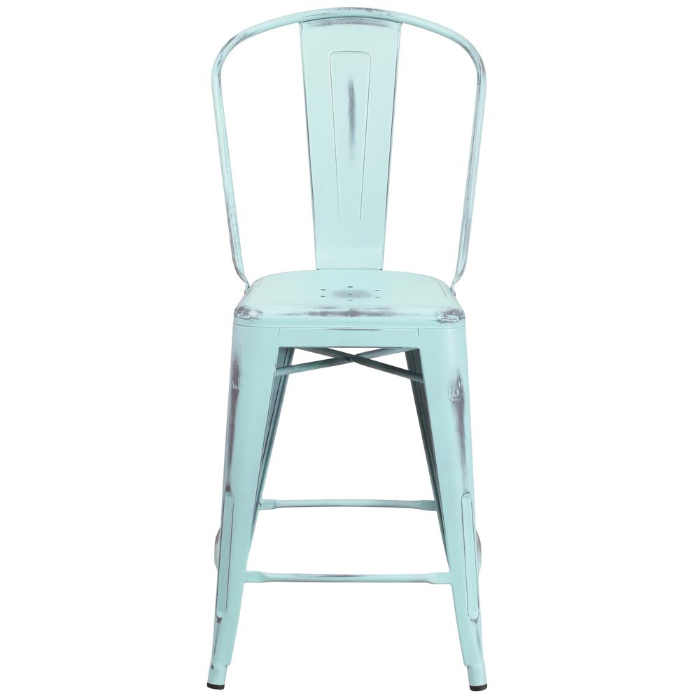 Commercial Grade 24" High Distressed Green-Blue Metal Indoor-Outdoor Counter Height Stool with Back. Picture 5
