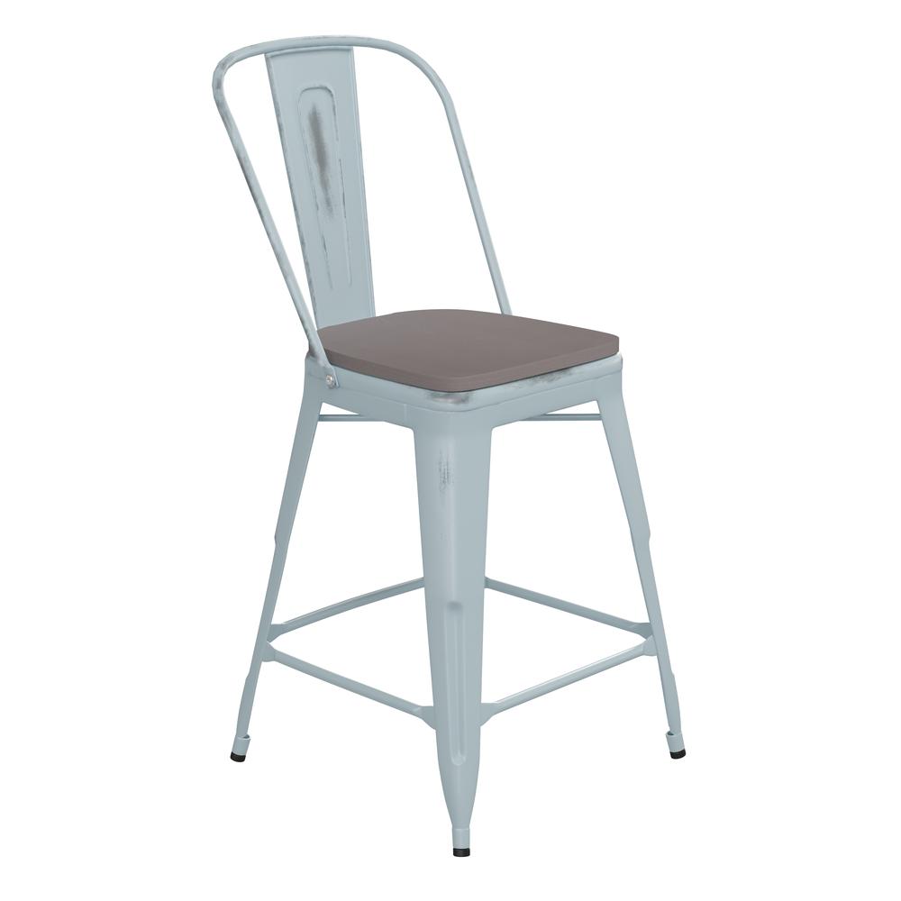 24" High Green-Blue Metal Counter Height Stool with Gray Poly Resin Wood Seat. Picture 2
