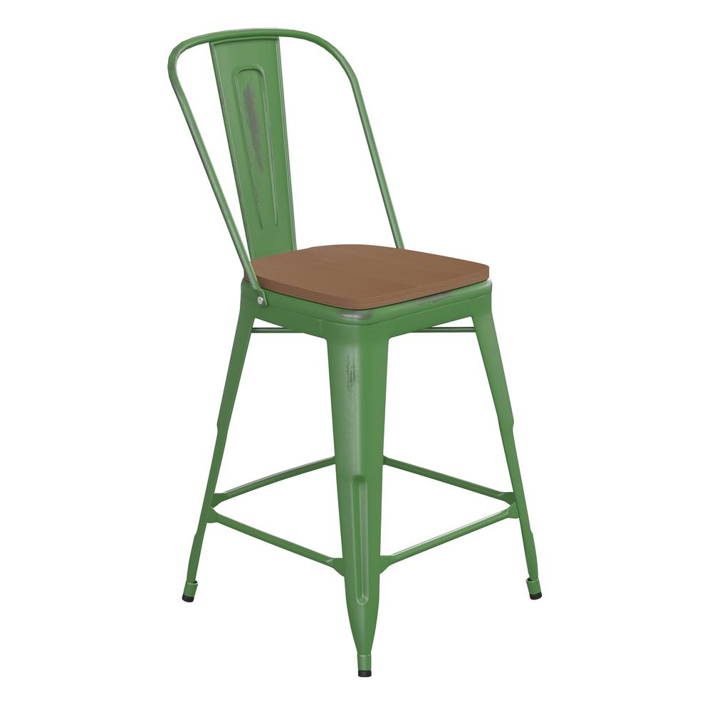 Carly Commercial Grade 24" High Green Metal Indoor-Outdoor Counter Height Stool with Back with Teak Poly Resin Wood Seat. Picture 2