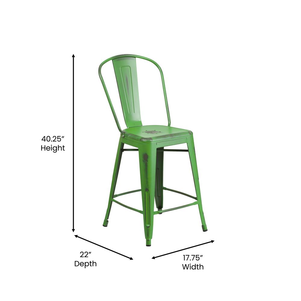 Carly Commercial Grade 24" High Green Metal Indoor-Outdoor Counter Height Stool with Back with Teak Poly Resin Wood Seat. Picture 5