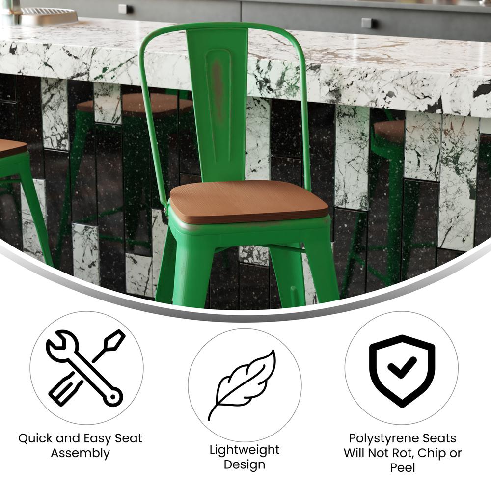 Carly Commercial Grade 24" High Green Metal Indoor-Outdoor Counter Height Stool with Back with Teak Poly Resin Wood Seat. Picture 4
