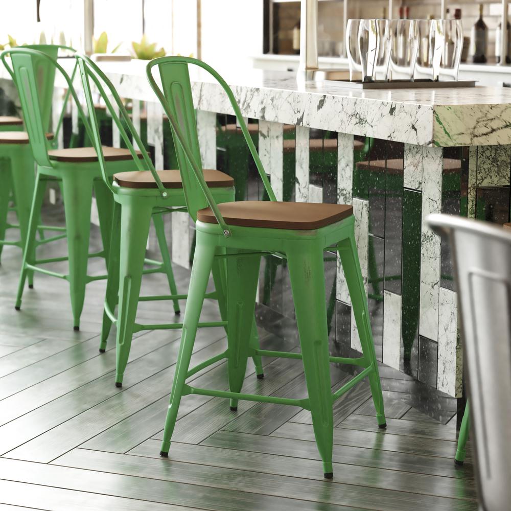 Carly Commercial Grade 24" High Green Metal Indoor-Outdoor Counter Height Stool with Back with Teak Poly Resin Wood Seat. The main picture.