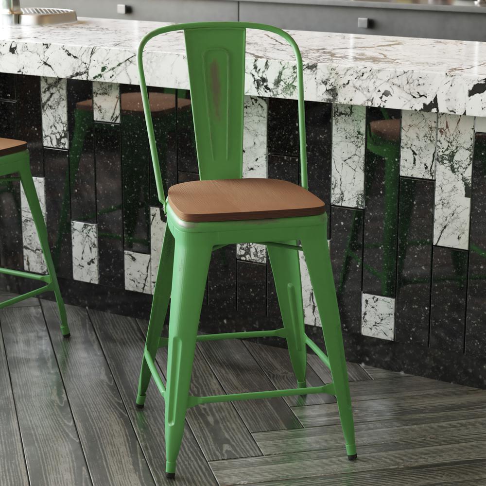 Carly Commercial Grade 24" High Green Metal Indoor-Outdoor Counter Height Stool with Back with Teak Poly Resin Wood Seat. Picture 8