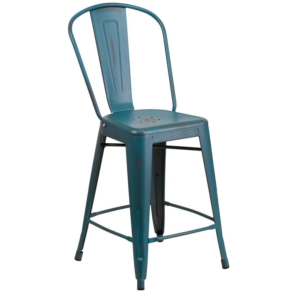 Commercial Grade 24" High Distressed Kelly Blue-Teal Metal Indoor-Outdoor Counter Height Stool with Back. Picture 1