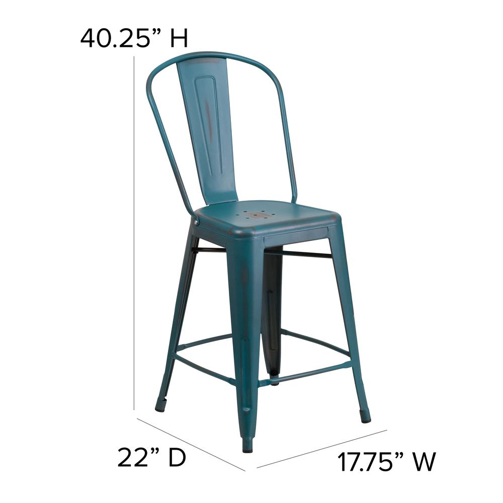 Commercial Grade 24" High Distressed Kelly Blue-Teal Metal Indoor-Outdoor Counter Height Stool with Back. Picture 2