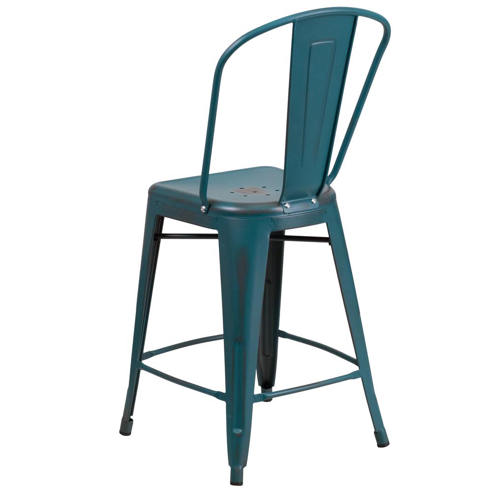 Commercial Grade 24" High Distressed Kelly Blue-Teal Metal Indoor-Outdoor Counter Height Stool with Back. Picture 4