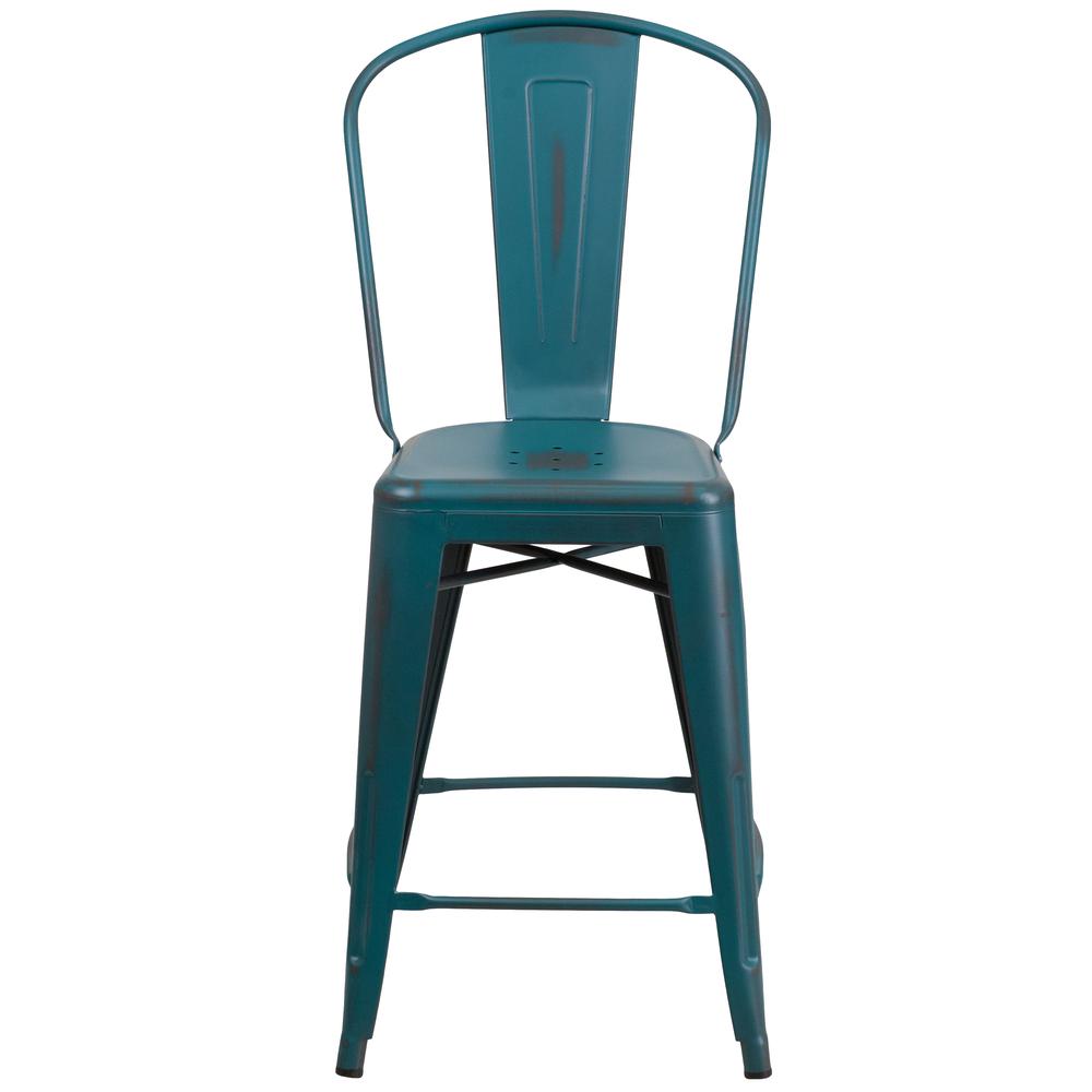 Commercial Grade 24" High Distressed Kelly Blue-Teal Metal Indoor-Outdoor Counter Height Stool with Back. Picture 5