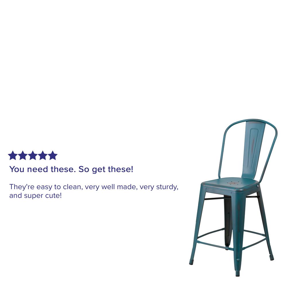 Commercial Grade 24" High Distressed Kelly Blue-Teal Metal Indoor-Outdoor Counter Height Stool with Back. Picture 6
