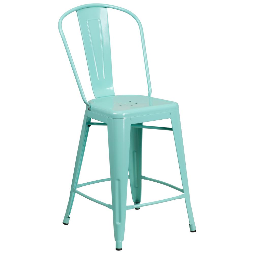 Commercial Grade 24" High Mint Green Metal Indoor-Outdoor Counter Height Stool with Back. Picture 1