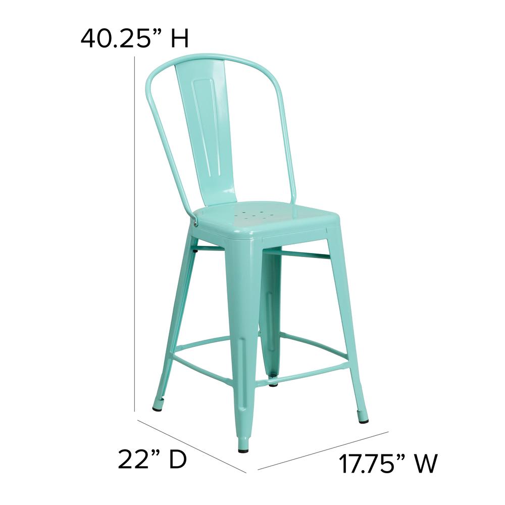 Commercial Grade 24" High Mint Green Metal Indoor-Outdoor Counter Height Stool with Back. Picture 2