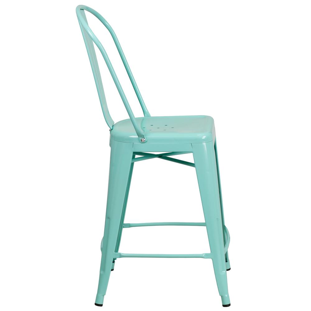 Commercial Grade 24" High Mint Green Metal Indoor-Outdoor Counter Height Stool with Back. Picture 3
