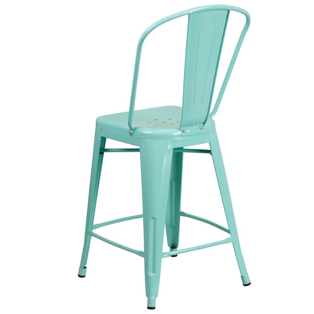 Commercial Grade 24" High Mint Green Metal Indoor-Outdoor Counter Height Stool with Back. Picture 4