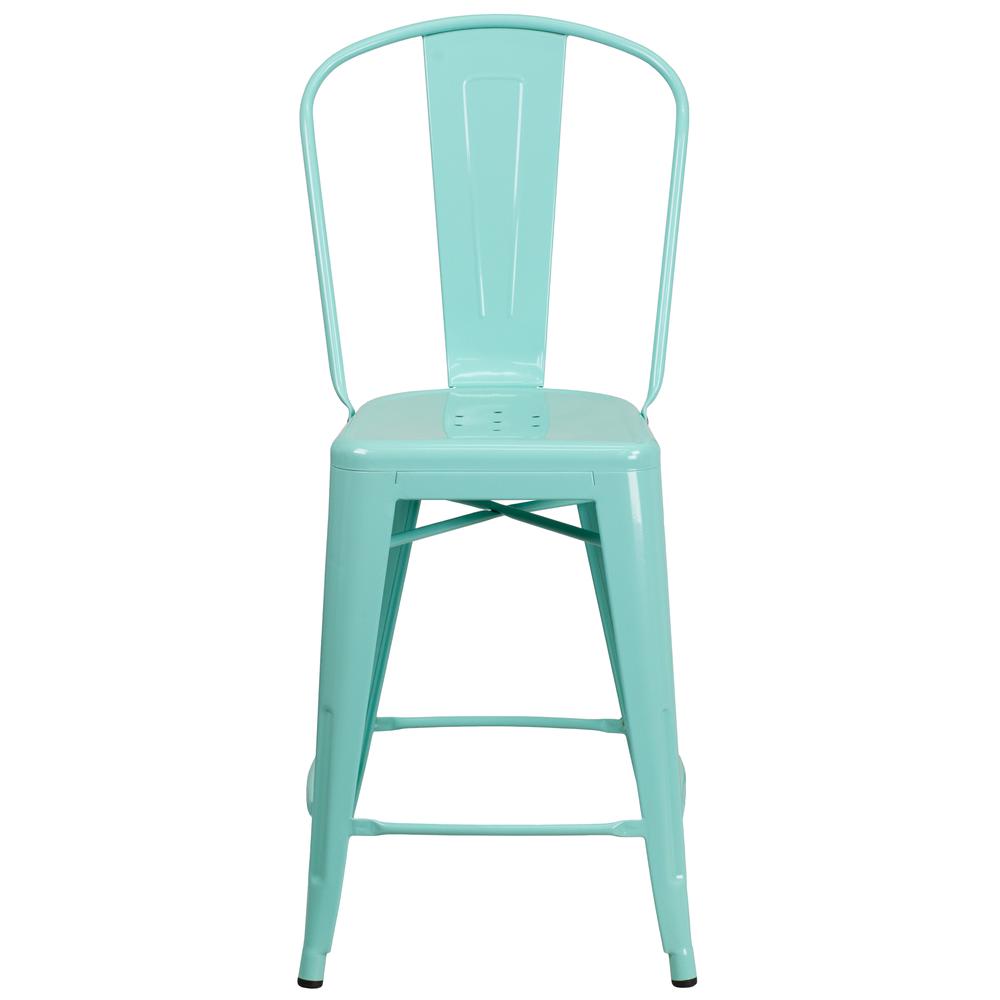 Commercial Grade 24" High Mint Green Metal Indoor-Outdoor Counter Height Stool with Back. Picture 5