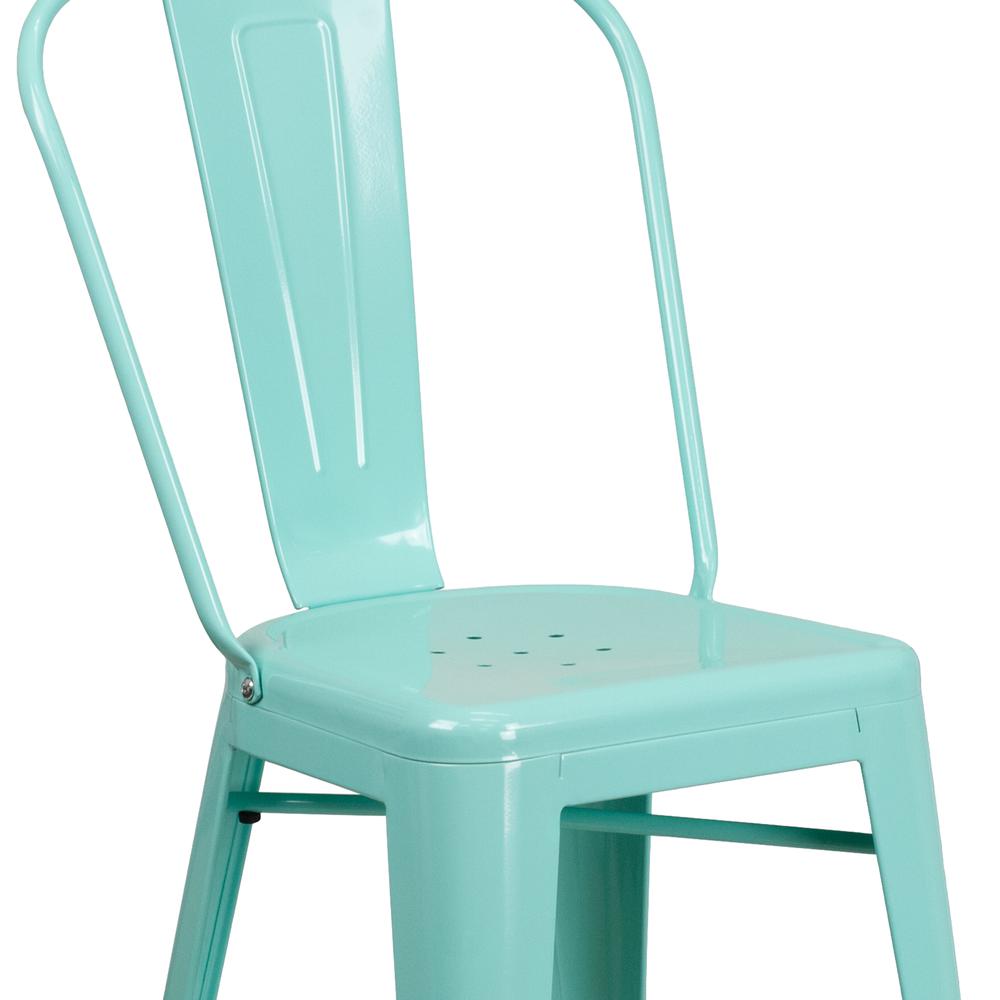 Commercial Grade 24" High Mint Green Metal Indoor-Outdoor Counter Height Stool with Back. Picture 6