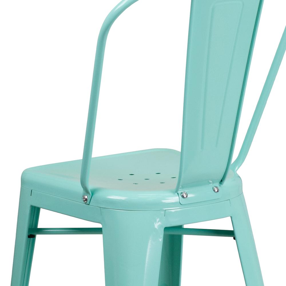Commercial Grade 24" High Mint Green Metal Indoor-Outdoor Counter Height Stool with Back. Picture 7