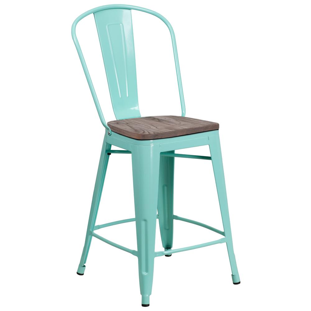 24" High Mint Green Metal Counter Height Stool with Back and Wood Seat. Picture 1