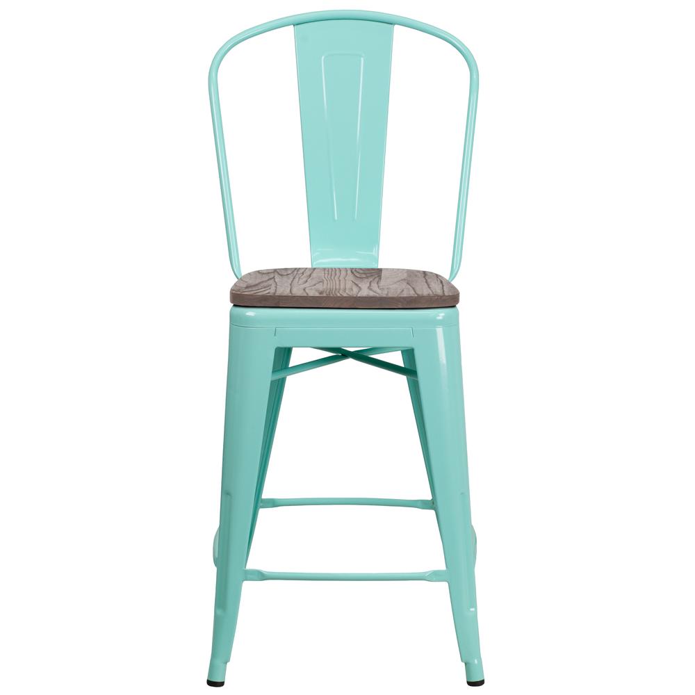 24" High Mint Green Metal Counter Height Stool with Back and Wood Seat. Picture 4