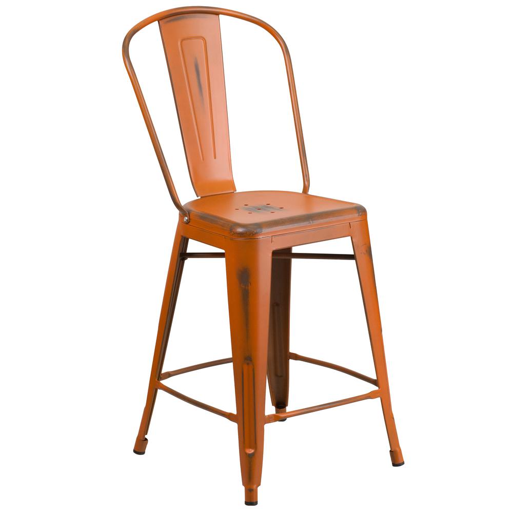 Commercial Grade 24" High Distressed Orange Metal Indoor-Outdoor Counter Height Stool with Back. Picture 1