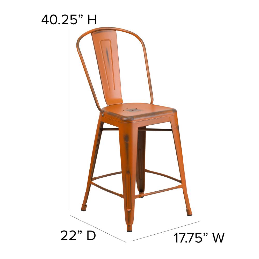 Commercial Grade 24" High Distressed Orange Metal Indoor-Outdoor Counter Height Stool with Back. Picture 2