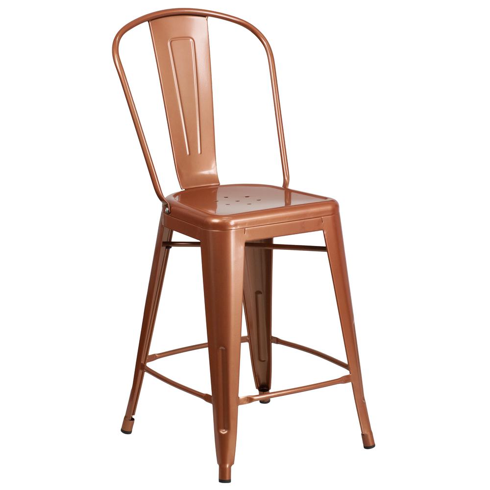 Commercial Grade 24" High Copper Metal Indoor-Outdoor Counter Height Stool with Back. Picture 1