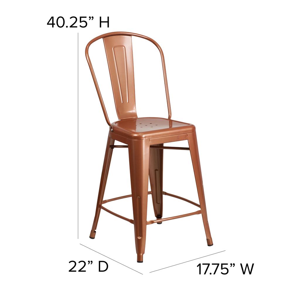 Commercial Grade 24" High Copper Metal Indoor-Outdoor Counter Height Stool with Back. Picture 2