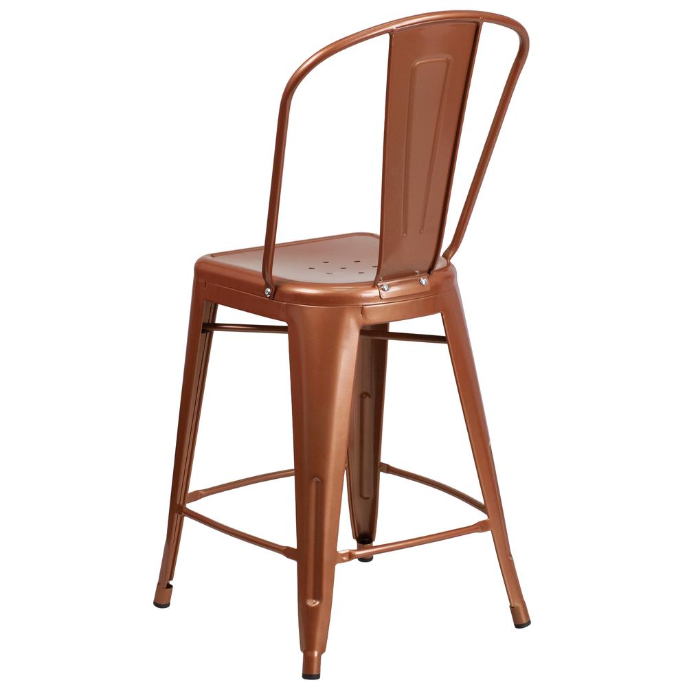 Commercial Grade 24" High Copper Metal Indoor-Outdoor Counter Height Stool with Back. Picture 4
