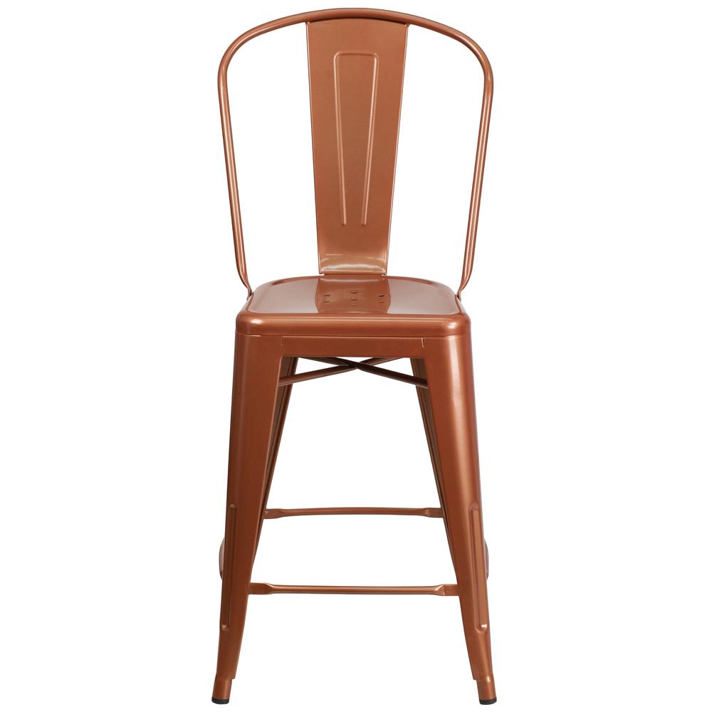 Commercial Grade 24" High Copper Metal Indoor-Outdoor Counter Height Stool with Back. Picture 5