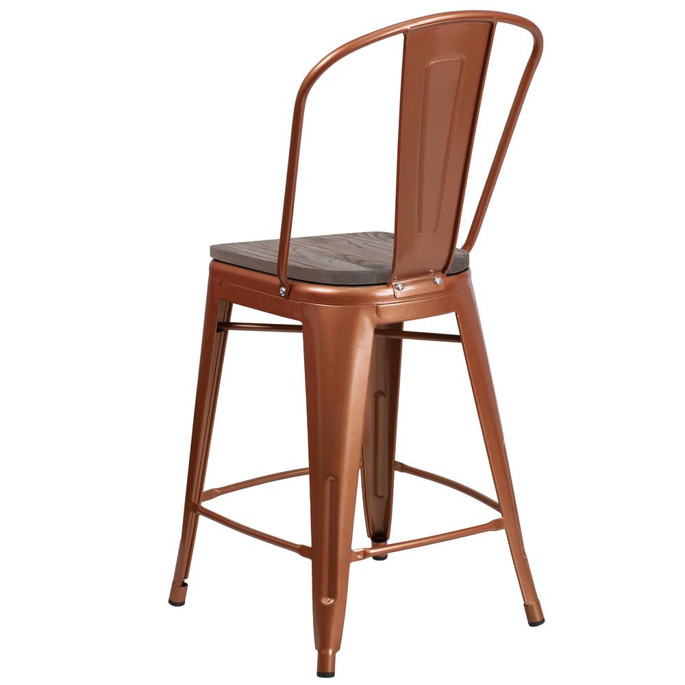 24" High Copper Metal Counter Height Stool with Back and Wood Seat. Picture 3