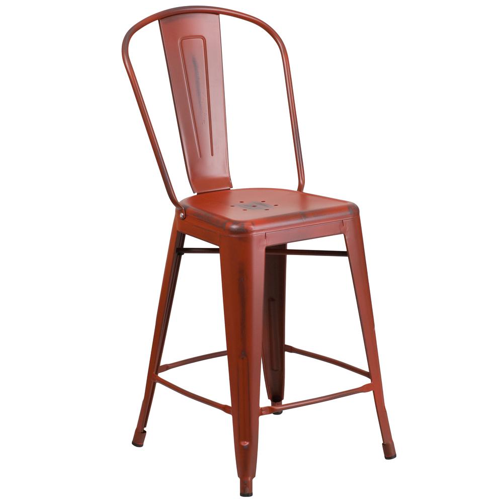 Commercial Grade 24" High Distressed Kelly Red Metal Indoor-Outdoor Counter Height Stool with Back. The main picture.