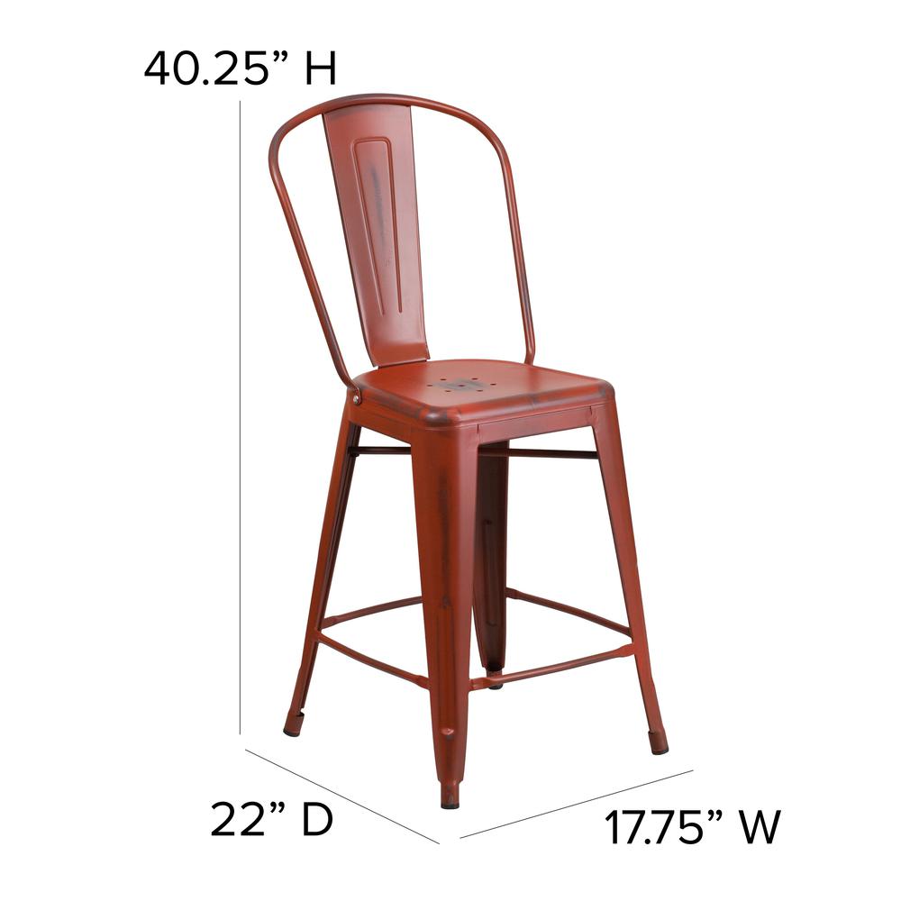 Commercial Grade 24" High Distressed Kelly Red Metal Indoor-Outdoor Counter Height Stool with Back. Picture 2