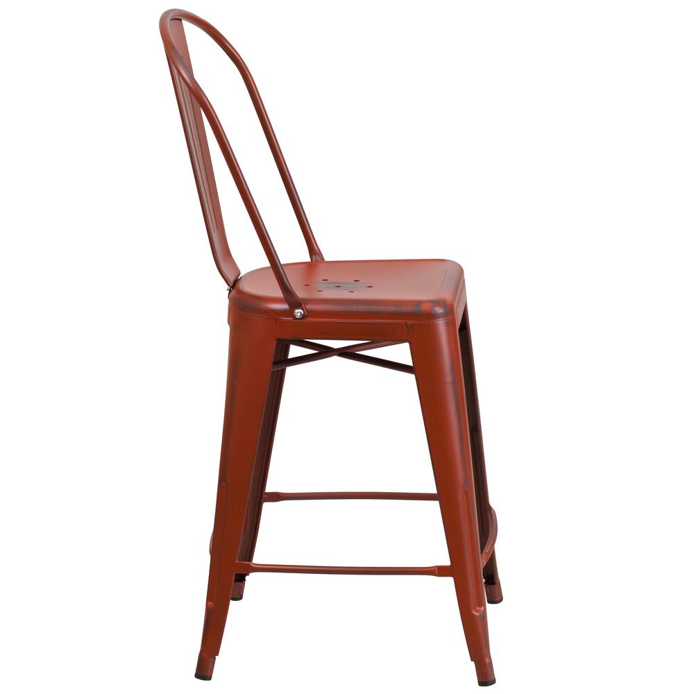 Commercial Grade 24" High Distressed Kelly Red Metal Indoor-Outdoor Counter Height Stool with Back. Picture 3