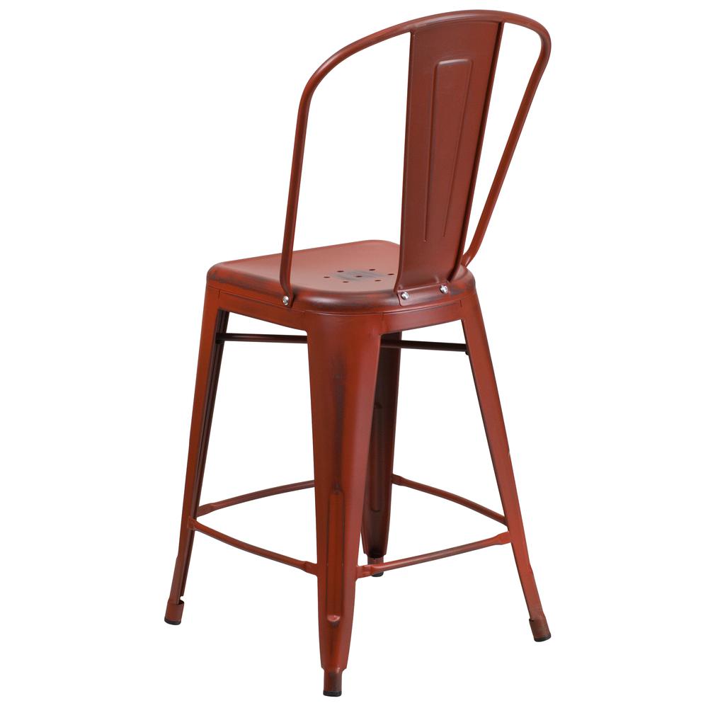 Commercial Grade 24" High Distressed Kelly Red Metal Indoor-Outdoor Counter Height Stool with Back. Picture 4