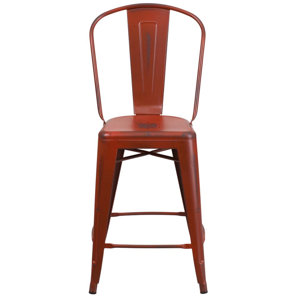 Commercial Grade 24" High Distressed Kelly Red Metal Indoor-Outdoor Counter Height Stool with Back. Picture 5