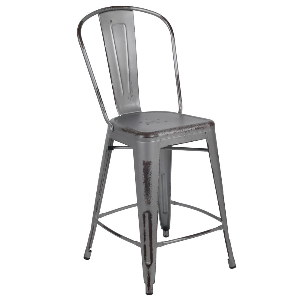 Commercial Grade 24" High Distressed Silver Gray Metal Indoor-Outdoor Counter Height Stool with Back. The main picture.