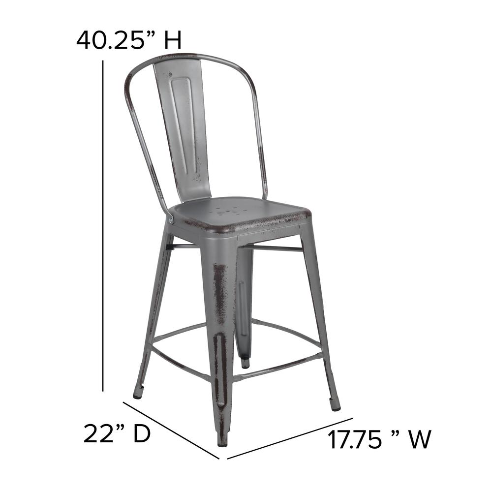 Commercial Grade 24" High Distressed Silver Gray Metal Indoor-Outdoor Counter Height Stool with Back. Picture 2