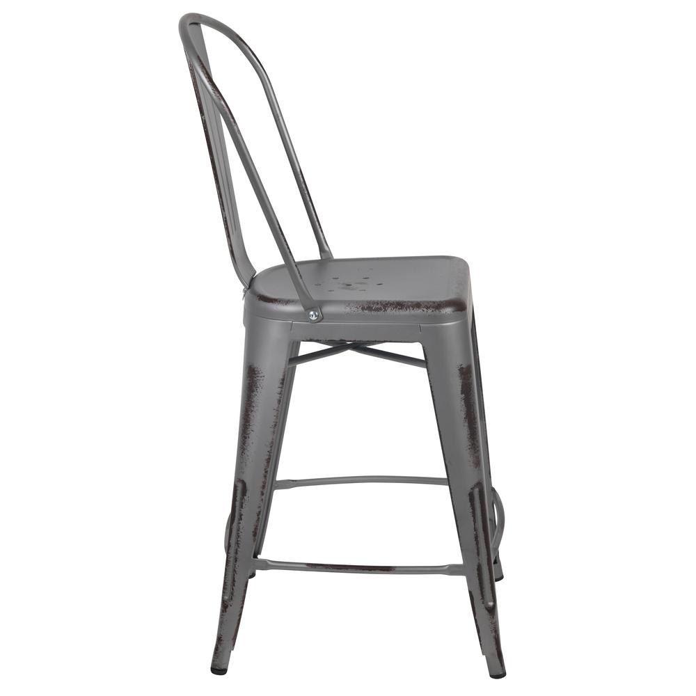 Commercial Grade 24" High Distressed Silver Gray Metal Indoor-Outdoor Counter Height Stool with Back. Picture 3