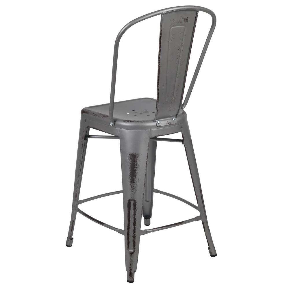 Commercial Grade 24" High Distressed Silver Gray Metal Indoor-Outdoor Counter Height Stool with Back. Picture 4