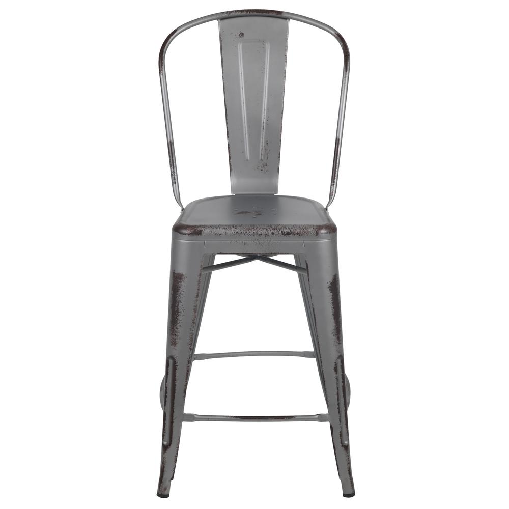 Commercial Grade 24" High Distressed Silver Gray Metal Indoor-Outdoor Counter Height Stool with Back. Picture 5
