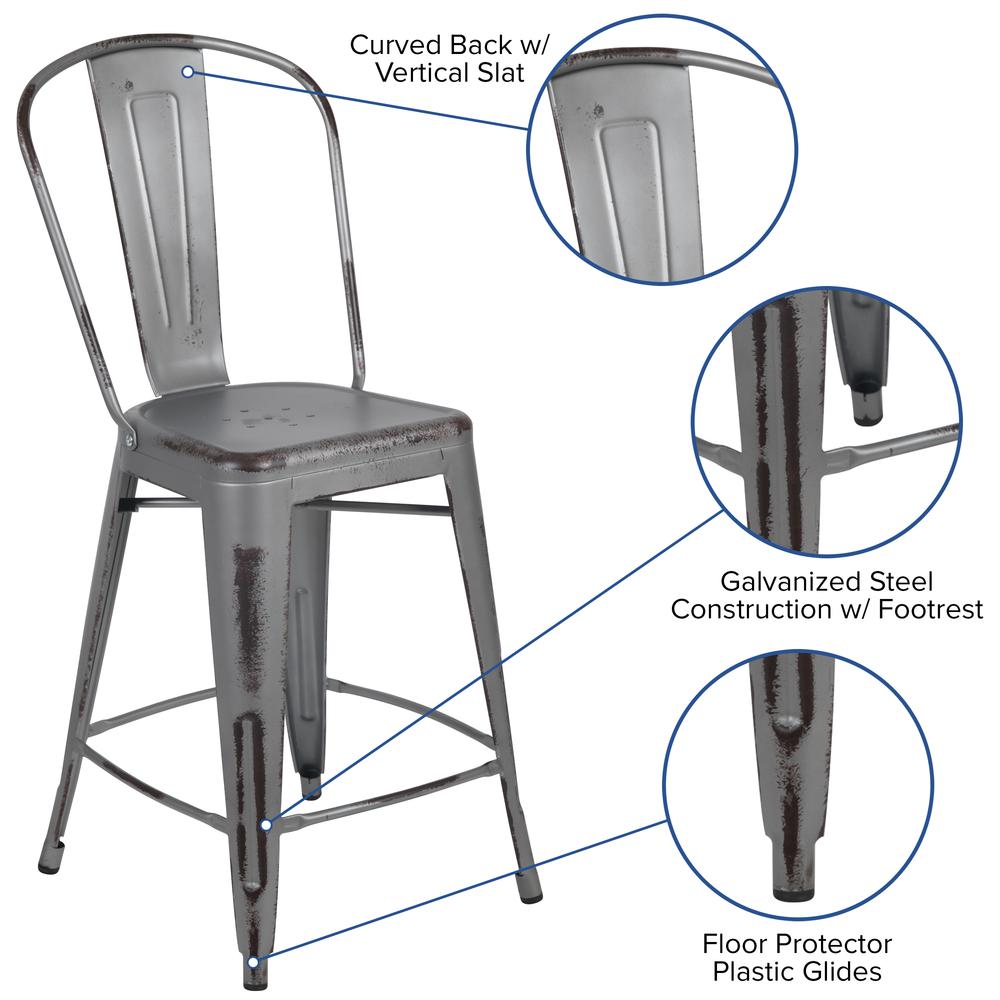 Commercial Grade 24" High Distressed Silver Gray Metal Indoor-Outdoor Counter Height Stool with Back. Picture 6