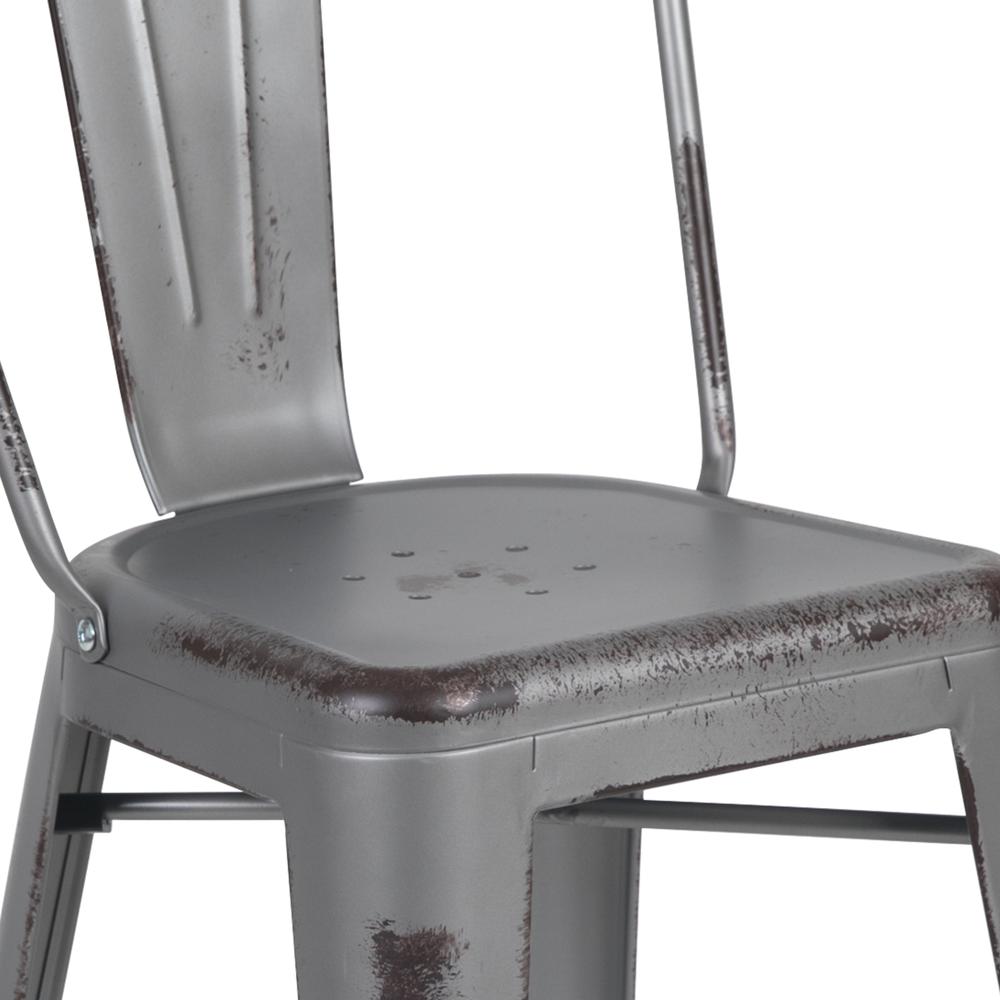 Commercial Grade 24" High Distressed Silver Gray Metal Indoor-Outdoor Counter Height Stool with Back. Picture 7