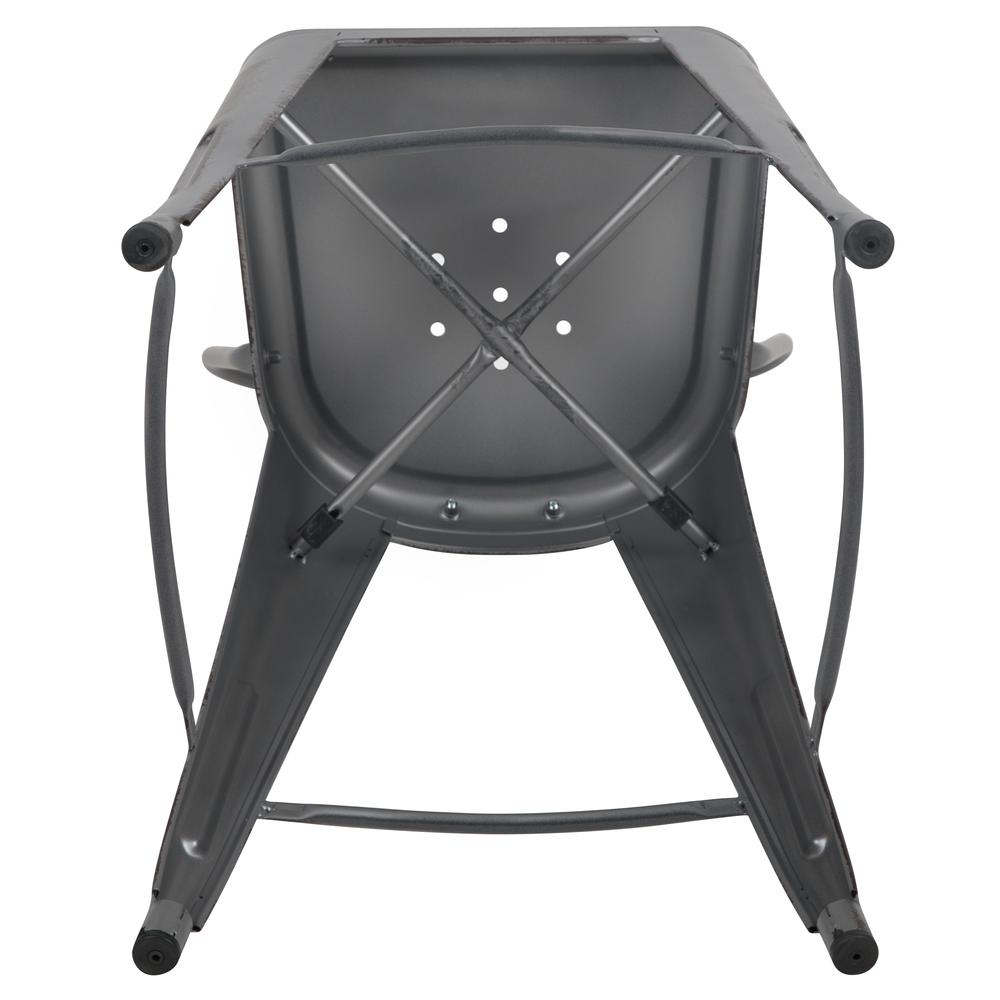 Commercial Grade 24" High Distressed Silver Gray Metal Indoor-Outdoor Counter Height Stool with Back. Picture 10