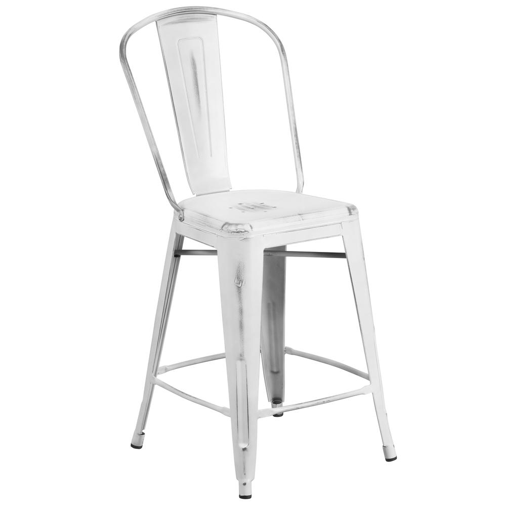 Commercial Grade 24" High Distressed White Metal Indoor-Outdoor Counter Height Stool with Back. The main picture.