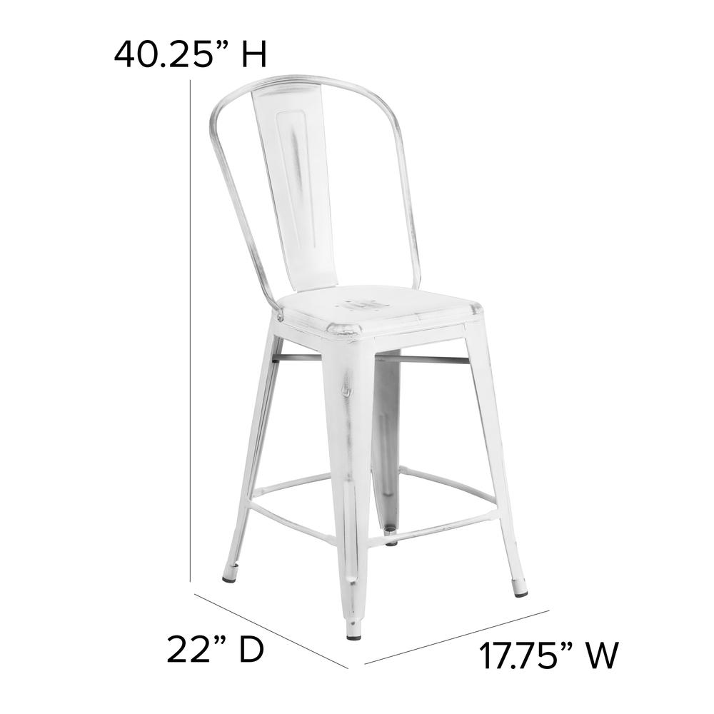 Commercial Grade 24" High Distressed White Metal Indoor-Outdoor Counter Height Stool with Back. Picture 2