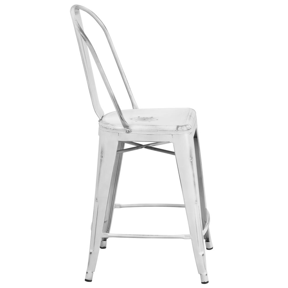 Commercial Grade 24" High Distressed White Metal Indoor-Outdoor Counter Height Stool with Back. Picture 3