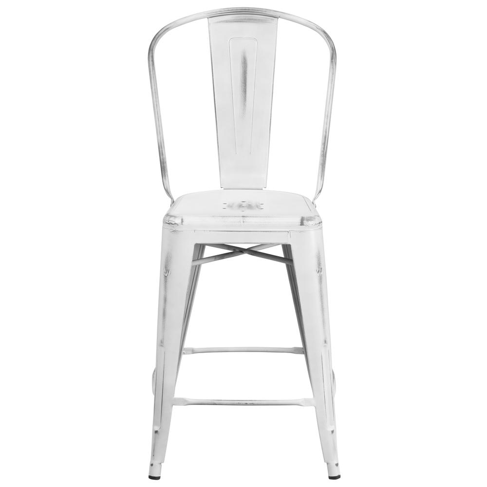 Commercial Grade 24" High Distressed White Metal Indoor-Outdoor Counter Height Stool with Back. Picture 5