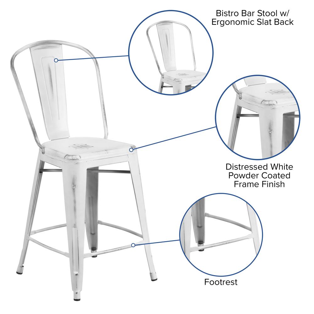 Commercial Grade 24" High Distressed White Metal Indoor-Outdoor Counter Height Stool with Back. Picture 6